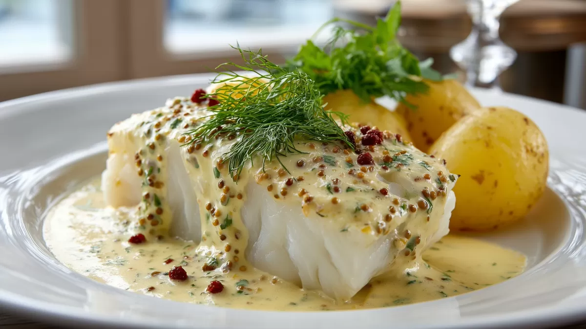 Kabeljau mit Senfsauce und Kartoffeln auf Teller