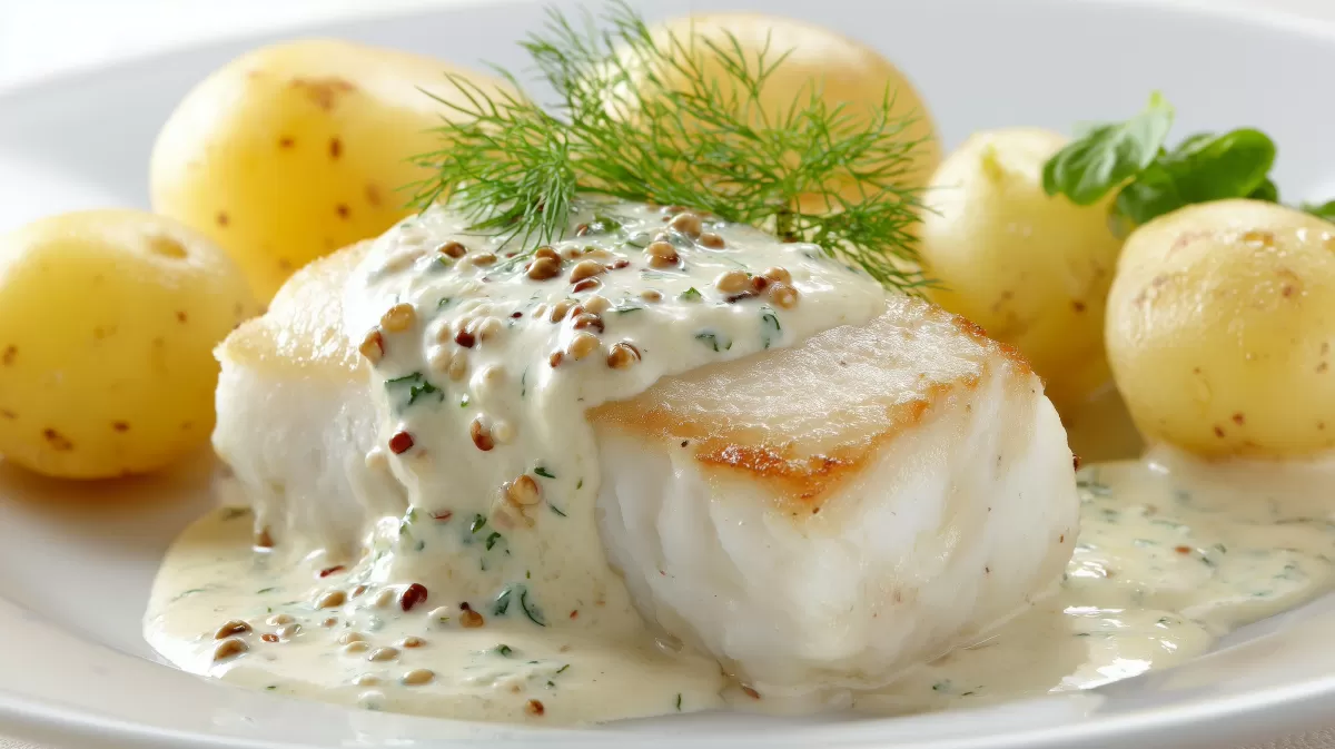 Kabeljau mit Senfsauce und Salzkartoffeln auf Teller