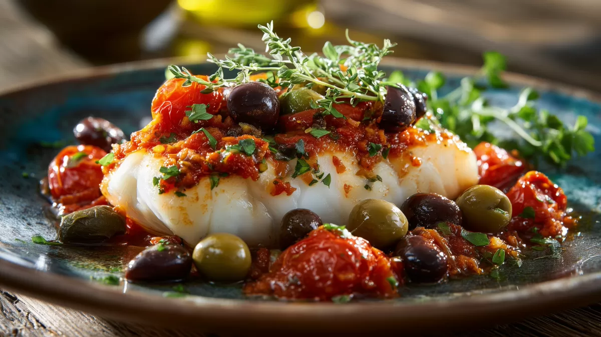 Kabeljau nach sizilianischer Art mit Oliven und Tomaten