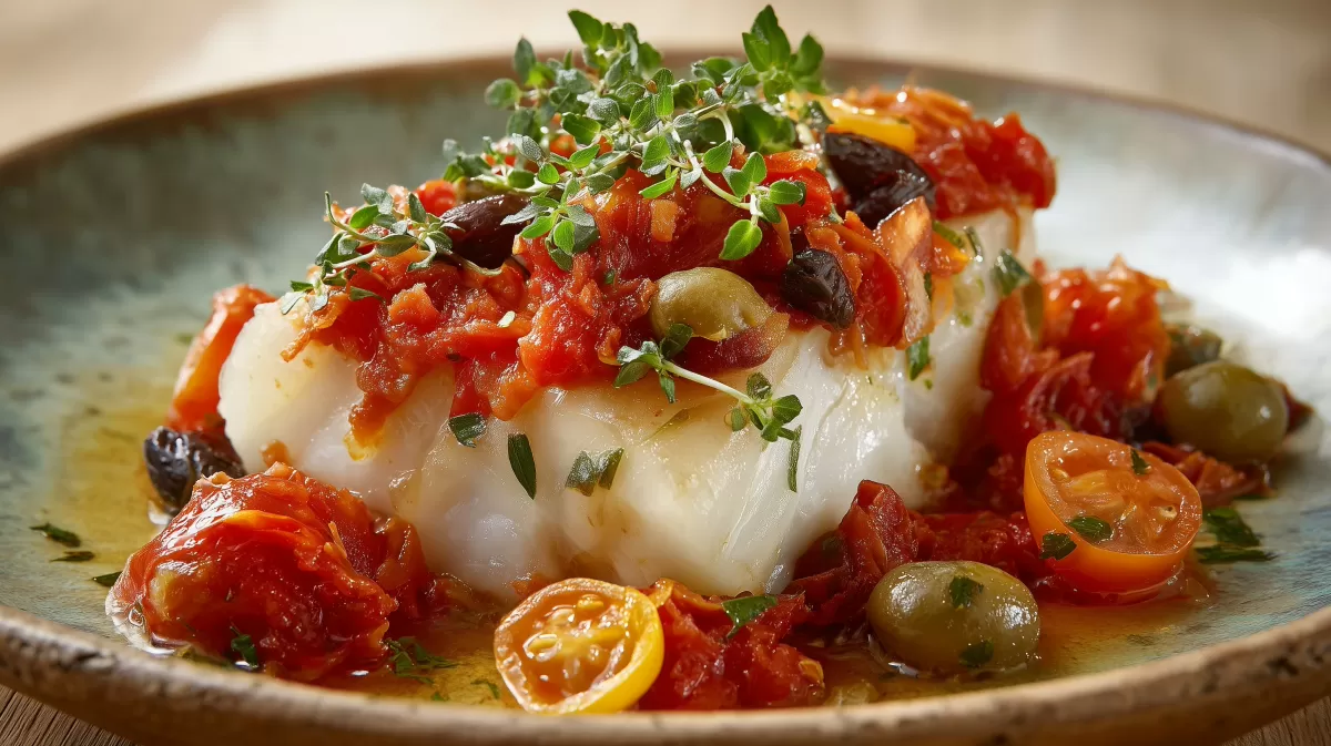 Kabeljau nach sizilianischer Art mit Tomaten und Oliven
