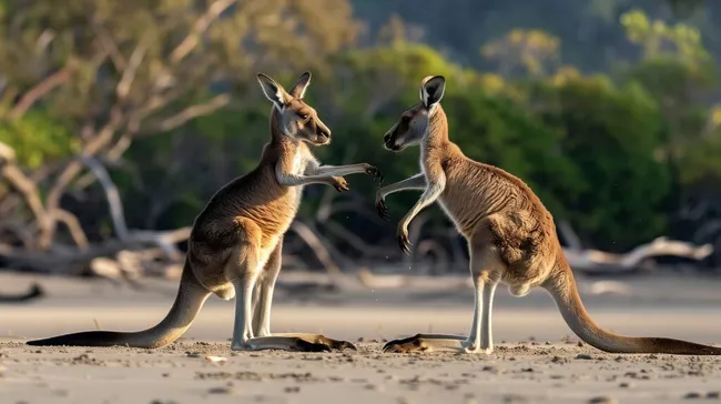 Kämpfende Kängurus am sonnigen Strand