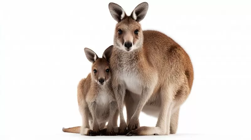 Känguru mit Baby im Beutel isoliert auf weißem Hintergrund