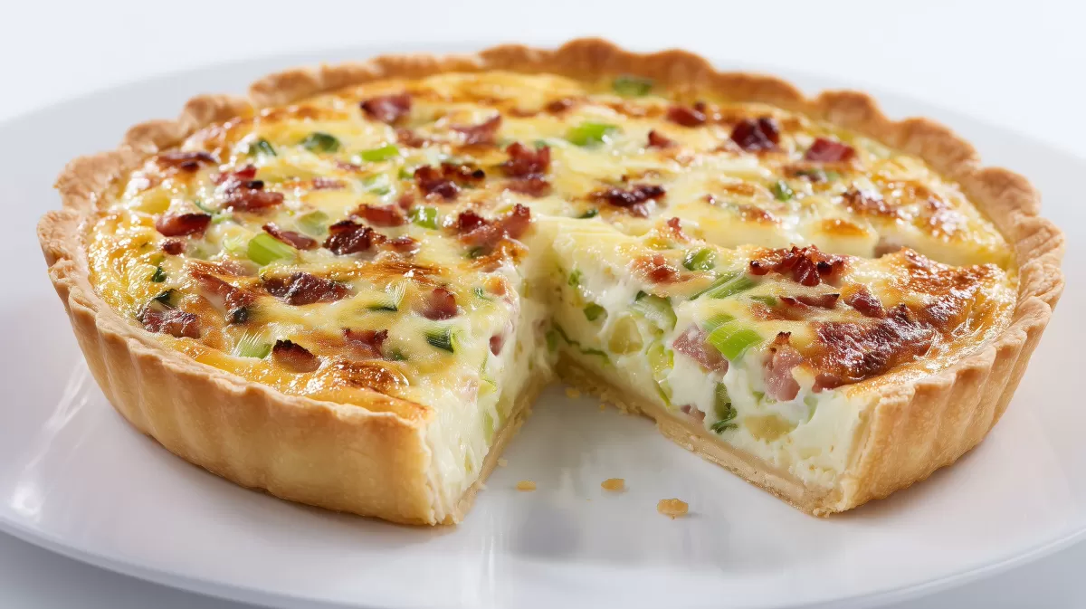 Käse Quiche mit Speck und Lauch auf Teller