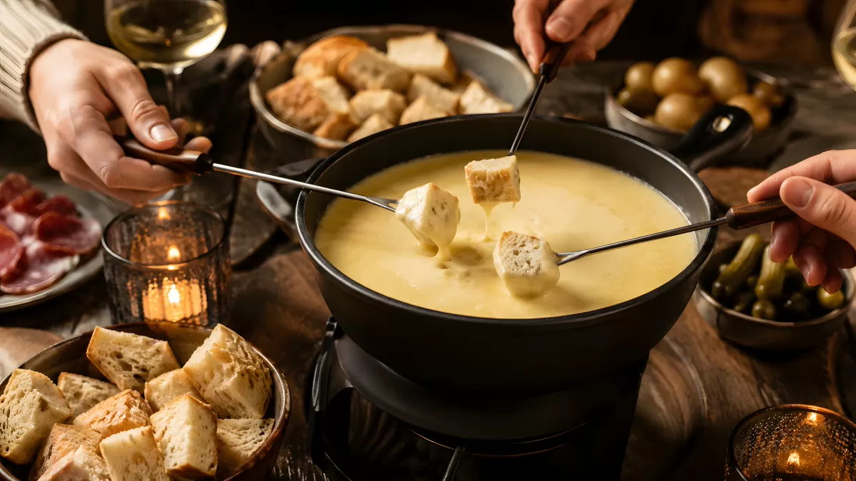 Käsefondue mit Brot und Beilagen im Kerzenlicht