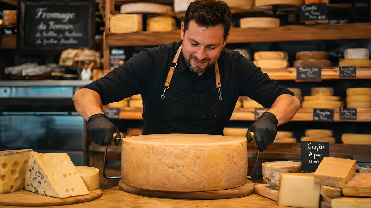 Käsehändler schneidet großen Gruyère-Laib im Fromagerie