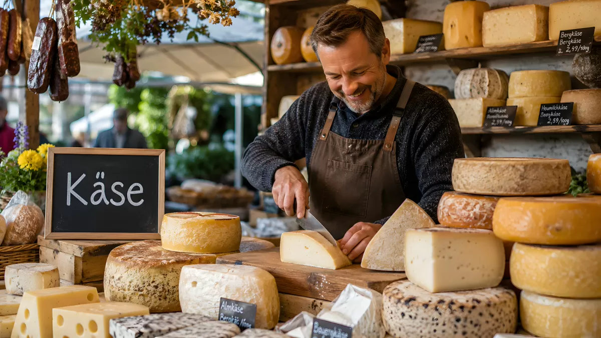 Käsehändler schneidet Käse auf Wochenmarkt