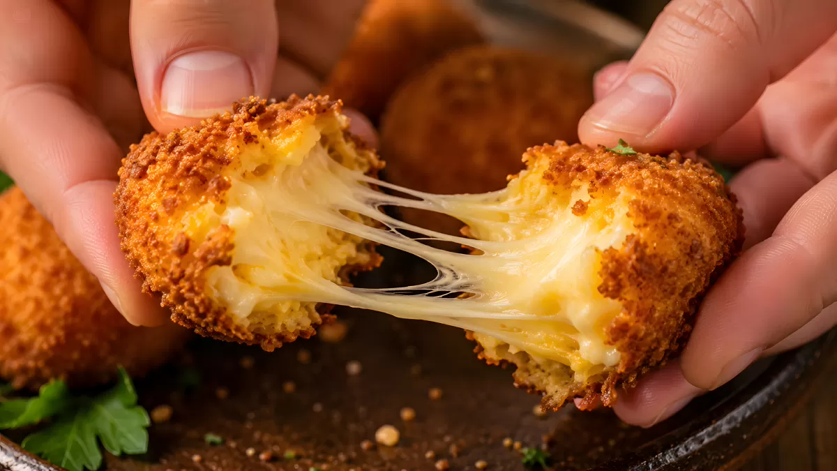 Käsekrokette wird auseinandergezogen mit Käsefäden