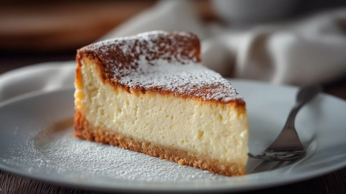 Käsekuchen aus Bayern – cremiges Stück mit Puderzucker