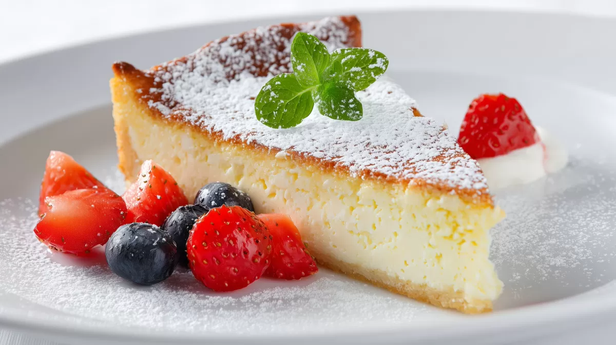 Käsekuchen aus Bayern mit Beeren und Puderzucker