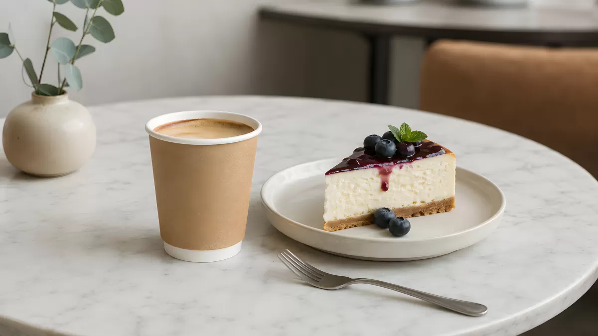 Käsekuchen mit Blaubeeren und Kaffee im Café