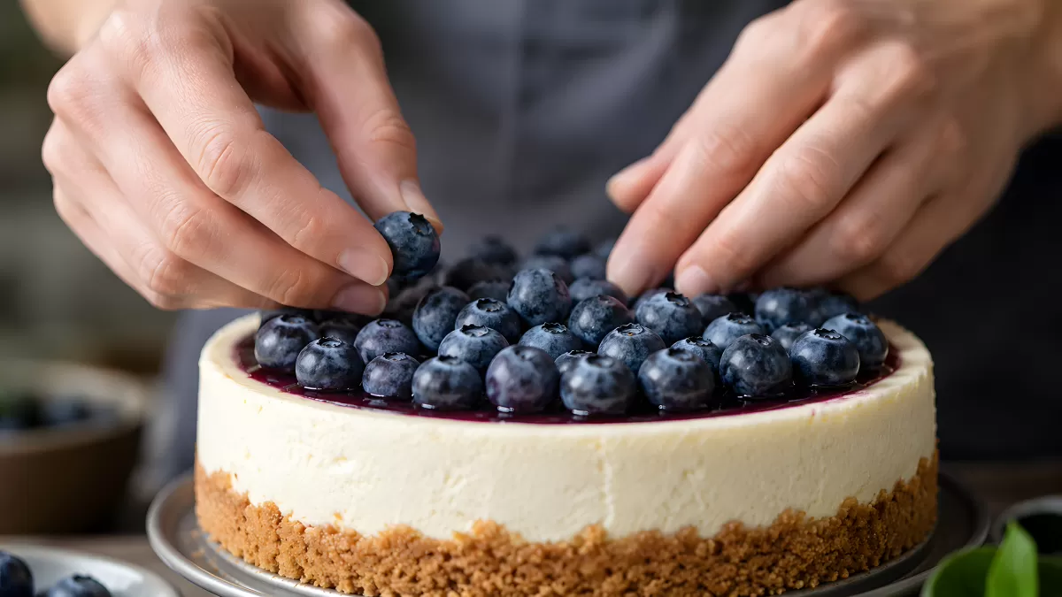 Käsekuchen mit frischen Blaubeeren wird garniert