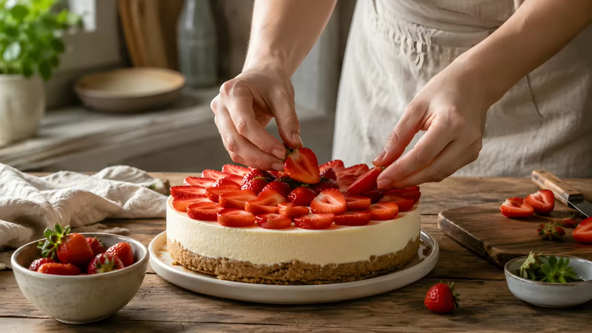 Käsekuchen mit frischen Erdbeeren wird dekoriert