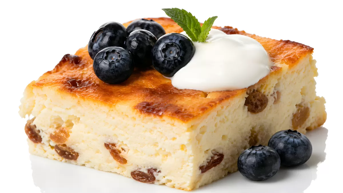 Käsekuchen-Stück mit Blaubeeren und Sauerrahm