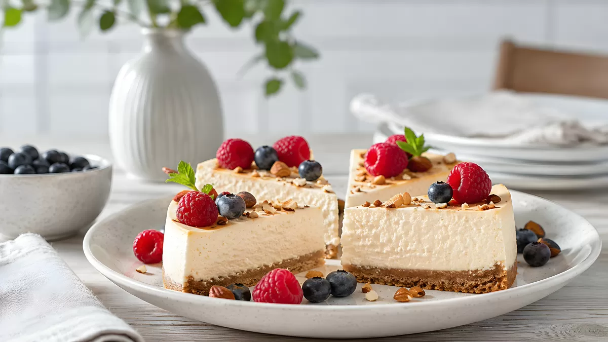 Käsekuchenscheiben mit Beeren und Nüssen auf Teller