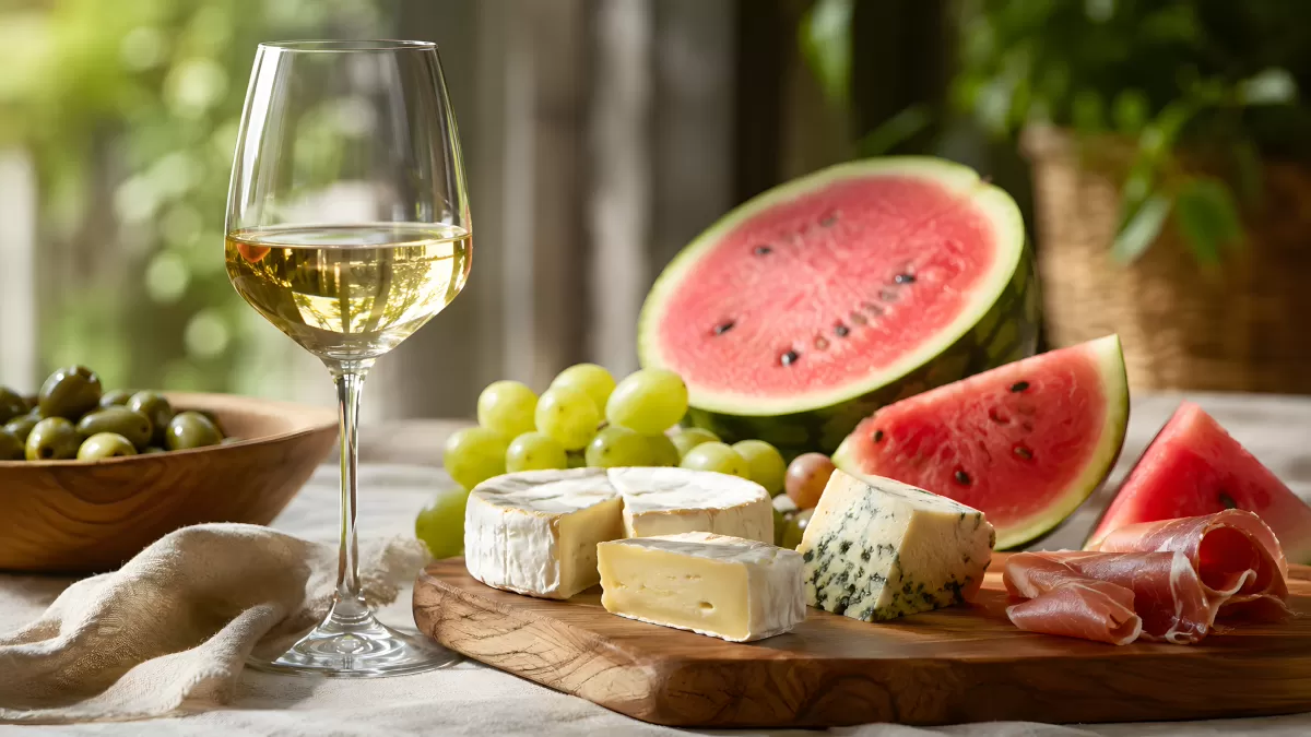 Käseplatte mit Weißwein, Wassermelone und Trauben