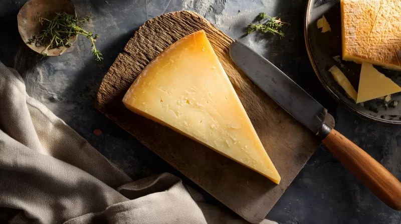 Käsestück auf rustikalem Holzbrett mit Messer