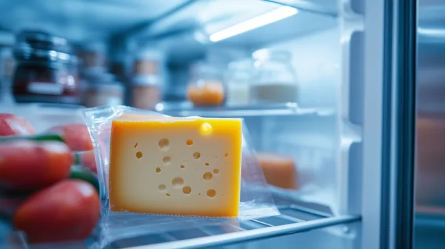 Käsewürfel in gut beleuchtetem Kühlschrankinneren