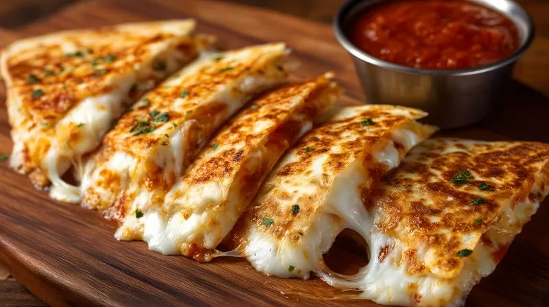 Käsige Quesadillas mit Kräutern und Tomatensauce auf Holzplatte