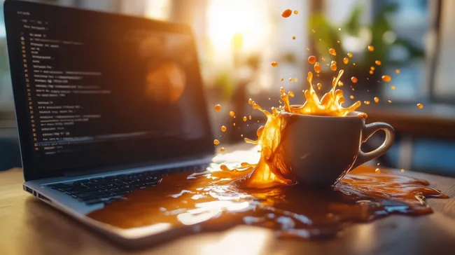 Kaffee-Mishap auf Laptop mit Programmiercodes