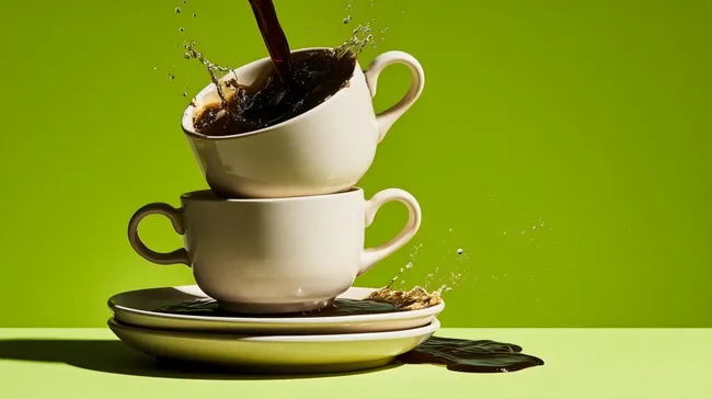 Kaffee-Spritzer in Vintage-Tassen auf grünem Hintergrund