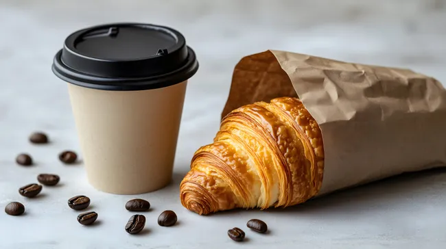 Kaffee to-go mit knusprigem Croissant und Kaffeebohnen