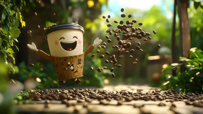 Kaffeebecher jongliert mit Kaffeebohnen in der Natur