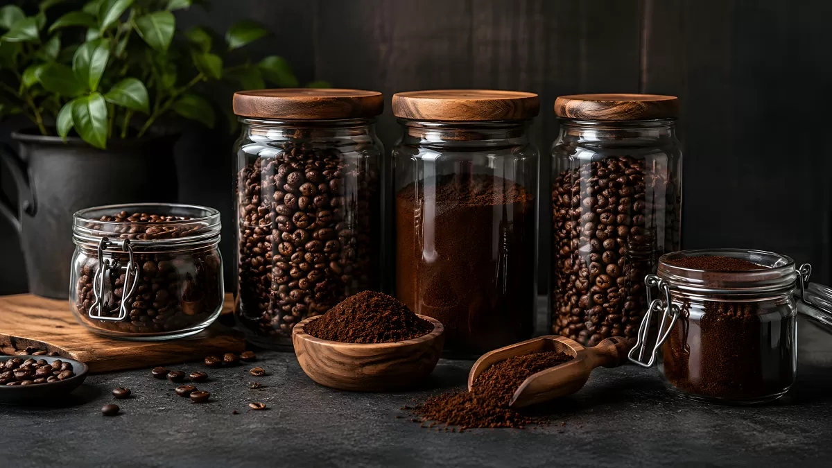 Kaffeebohnen und Kaffeepulver in Glasgefäßen