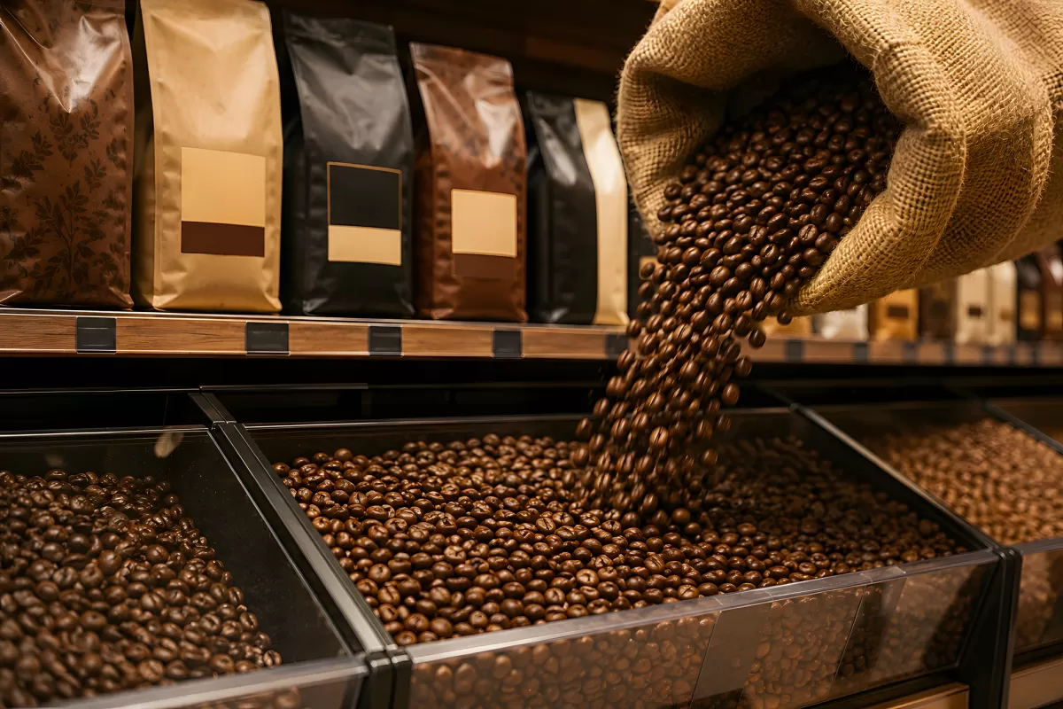 Kaffeebohnen werden aus Jutesack in Behälter geschüttet