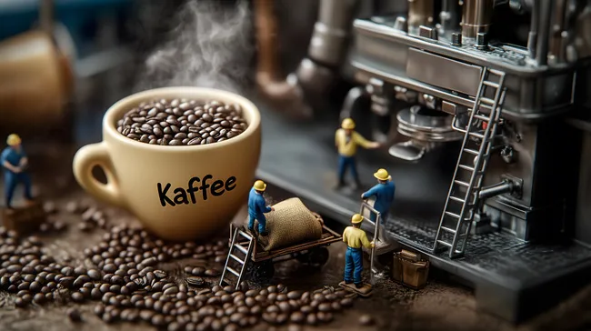 Kaffeebohnen werden von Miniaturarbeitern verarbeitet