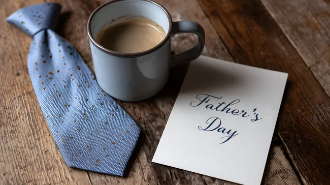 Kaffeegenuss am Vatertag mit Krawatte und Grußkarte