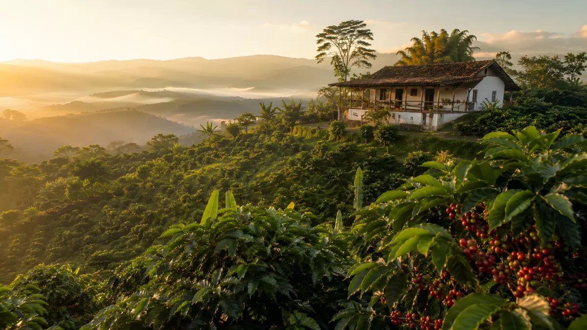 Kaffeeplantage im Morgenlicht mit Bergpanorama