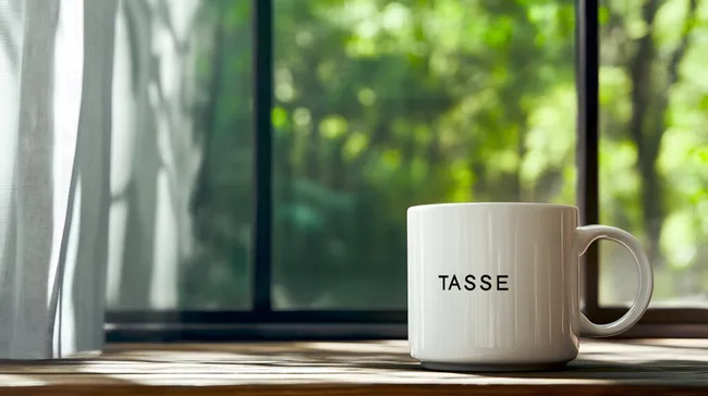 Kaffeetasse mit Aufschrift auf Holztisch am Fenster