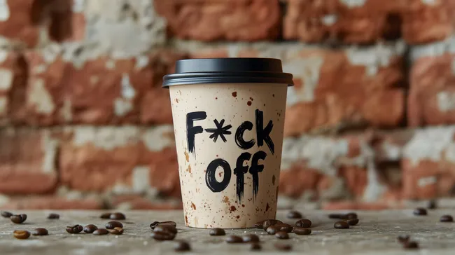 Kaffeetasse mit frecher Aufschrift auf rustikalem Hintergrund