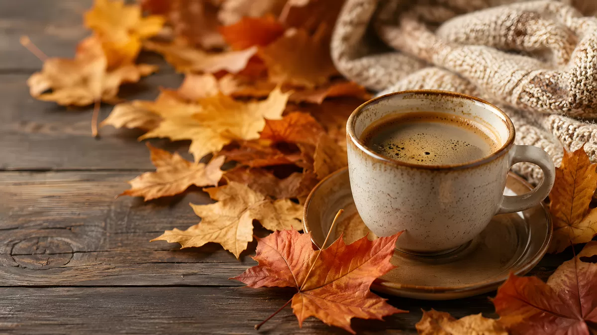 Kaffeetasse mit Herbstblättern auf Holztisch