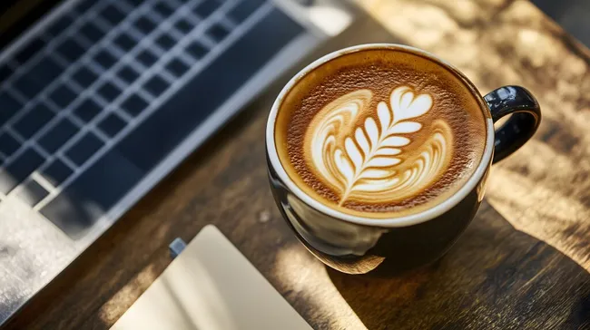 Kaffeetasse mit Latte-Art auf Holztisch neben Laptop