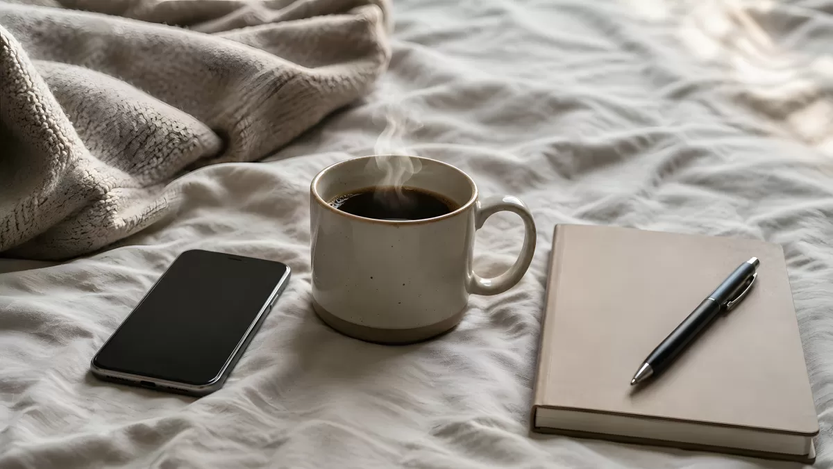 Kaffeetasse mit Notizbuch und Smartphone im Bett