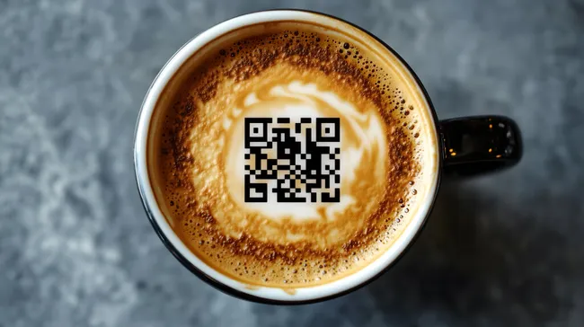 Kaffeetasse mit QR-Code im Milchschaum