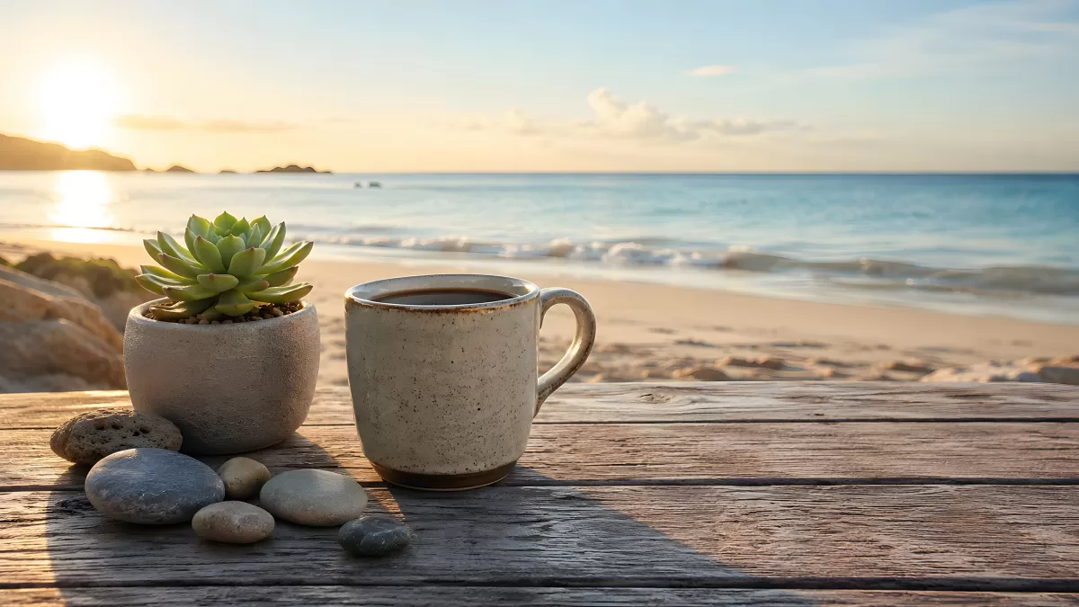 Kaffeetasse und Sukkulente am Strand bei Sonnenuntergang