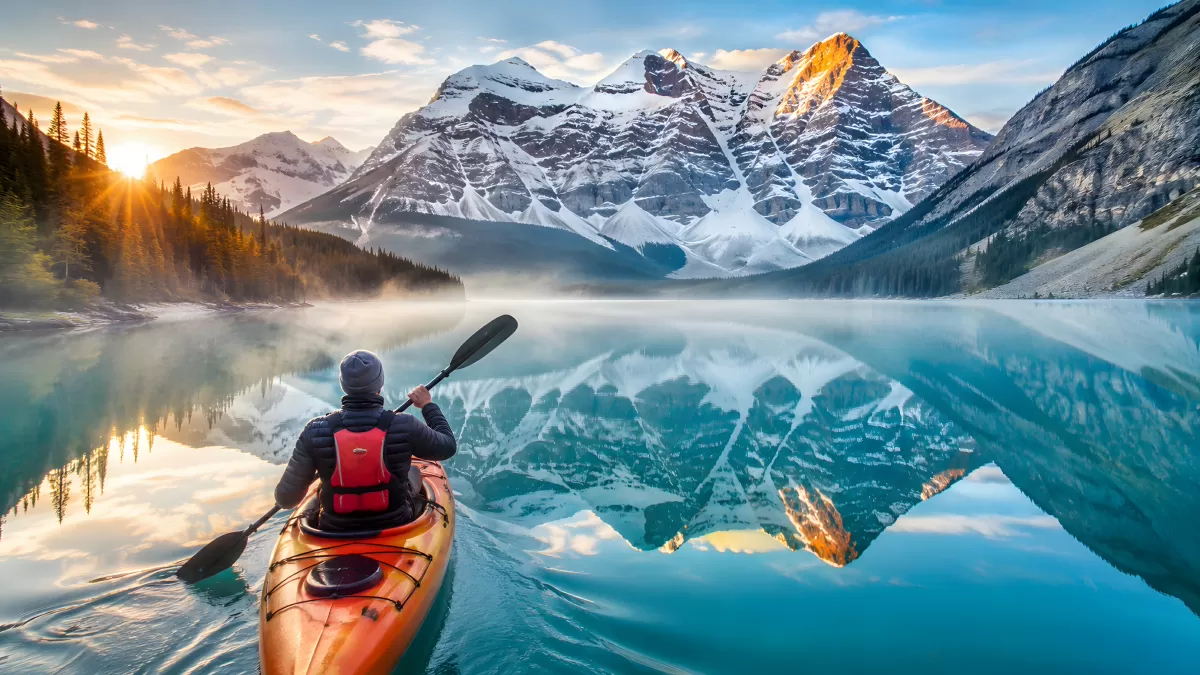 Kajakfahrer auf spiegelglattem Bergsee bei Sonnenaufgang
