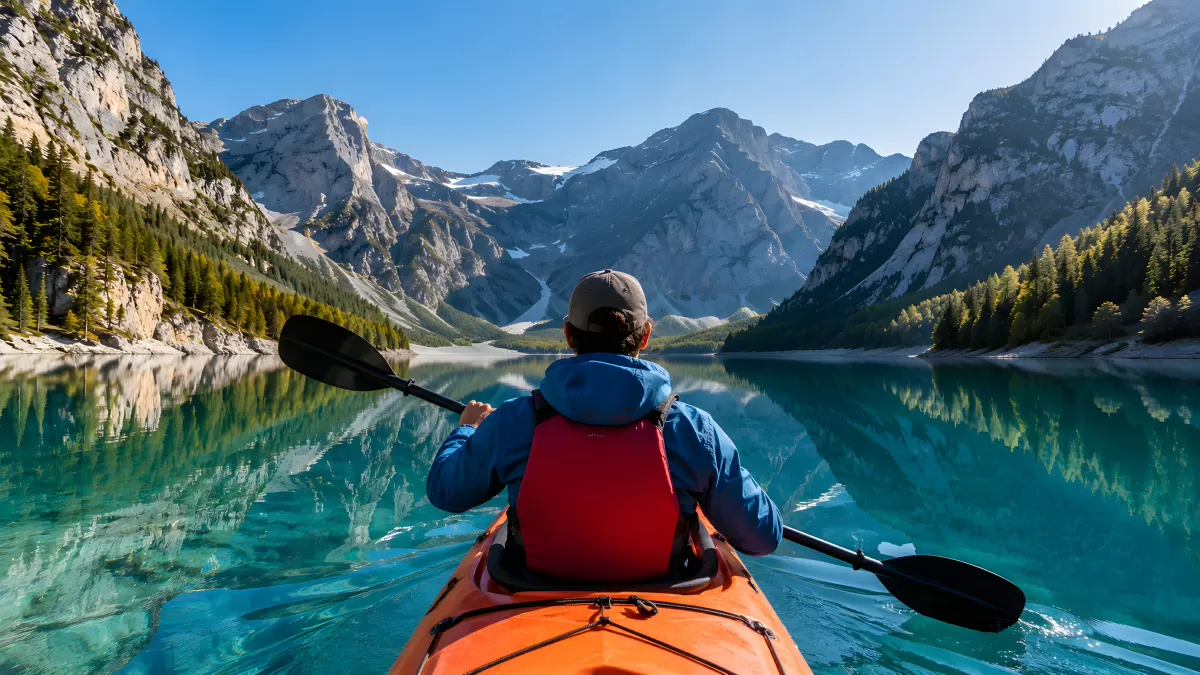 Kajakfahrer auf türkisem Bergsee in den Alpen