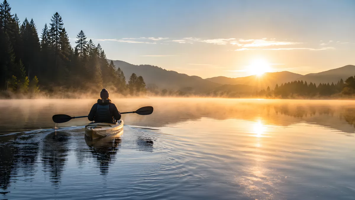 Kajakfahrer bei Sonnenaufgang auf einem Bergsee