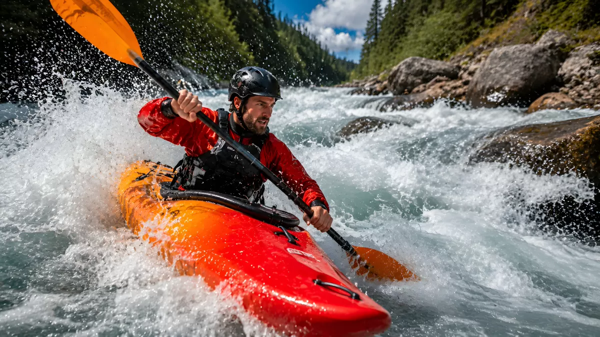 Kajakfahrer navigiert rasante Wildwasser-Stromschnellen