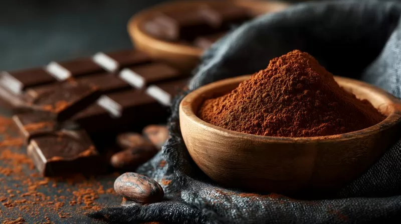 Kakaopulver in Holzschüssel mit Schokolade und Kakaobohnen_of_Closeup_of_Cocoa_Powder_and_Dark_Chocolate_436371e8-fadc-4b11-9867-005d2e1e0198