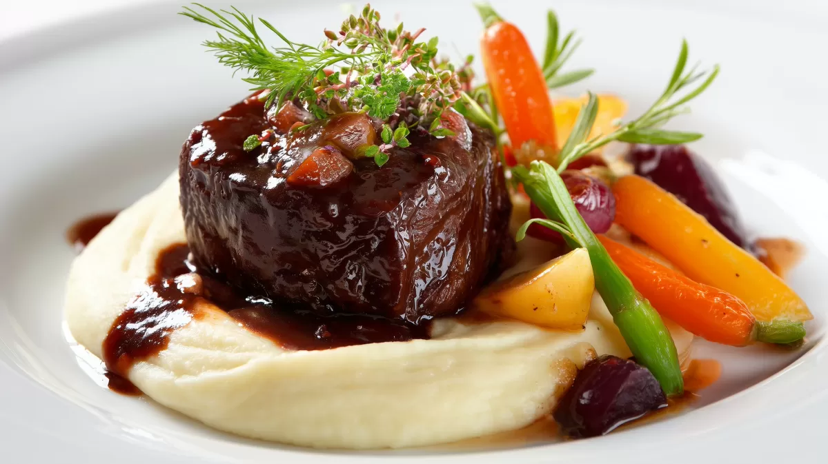 Kalbsbäckchen in Rotweinsauce auf cremigem Püree