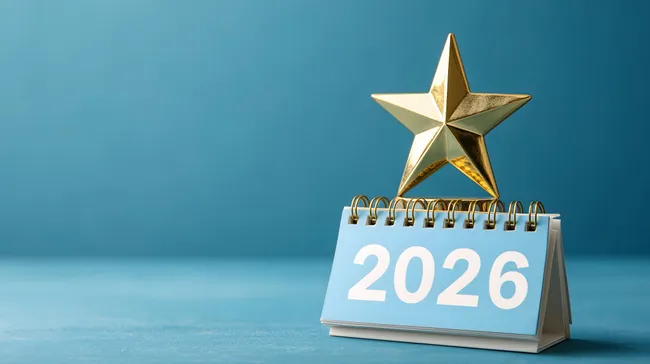 Kalender 2026 mit goldener Auszeichnung auf blauem Hintergrund