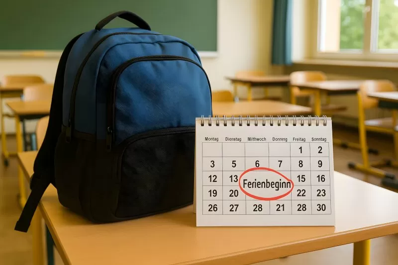 Kalender mit Ferienbeginn und Schulrucksack im Klassenzimmer