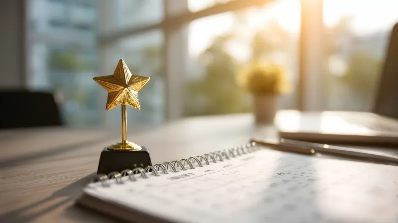 Kalender mit goldener Stern Trophäe auf Schreibtisch im Sonnenlicht