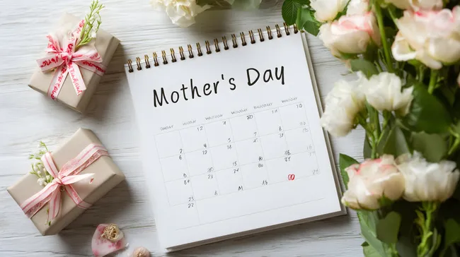 Kalenderblatt für Muttertag mit Geschenken und Blumen