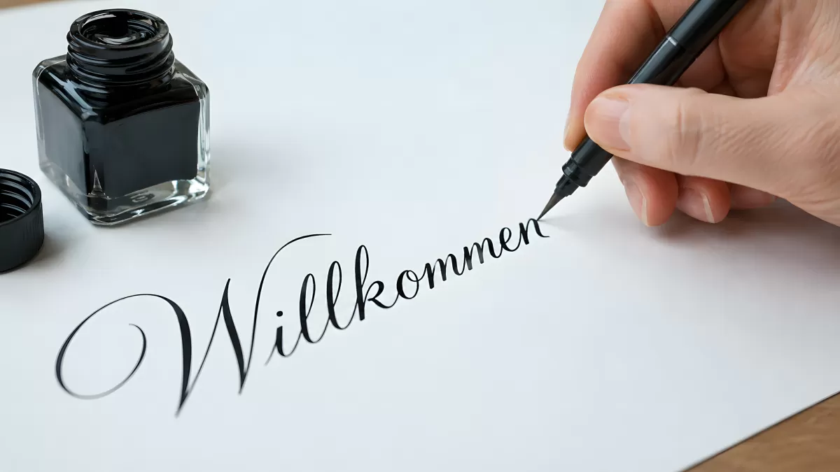 Kalligrafie-Hand schreibt Willkommen mit Tusche