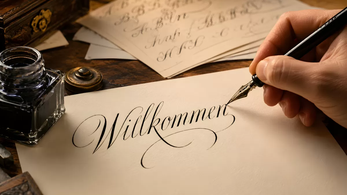 Willkommen: Kalligrafie mit Feder und Tinte auf altem Papier
